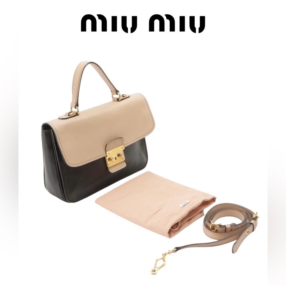 Miu Miu Madras Cipria Top Handle Bag Beige Black Calfskin Leather Dust Bag &Card